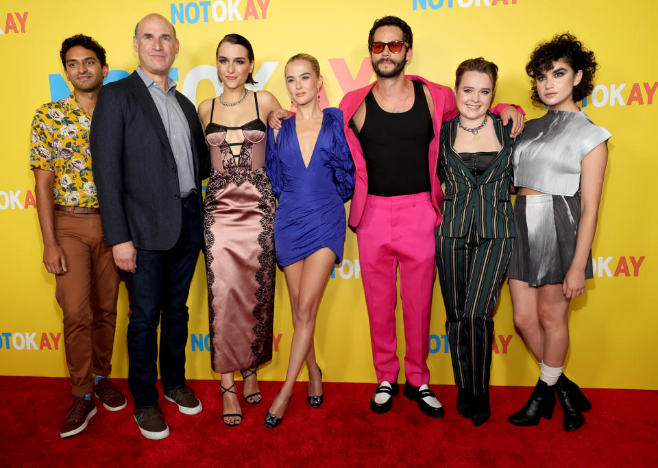 Karan Soni, Matthew Greenfield, Quinn Shephard, Zoey Deutch, Dylan O’Brien, Nadia Alexander and Sarah Yarkin attend the “Not Okay” New York Premiere at Angelika Film Center. - Credit: WireImage