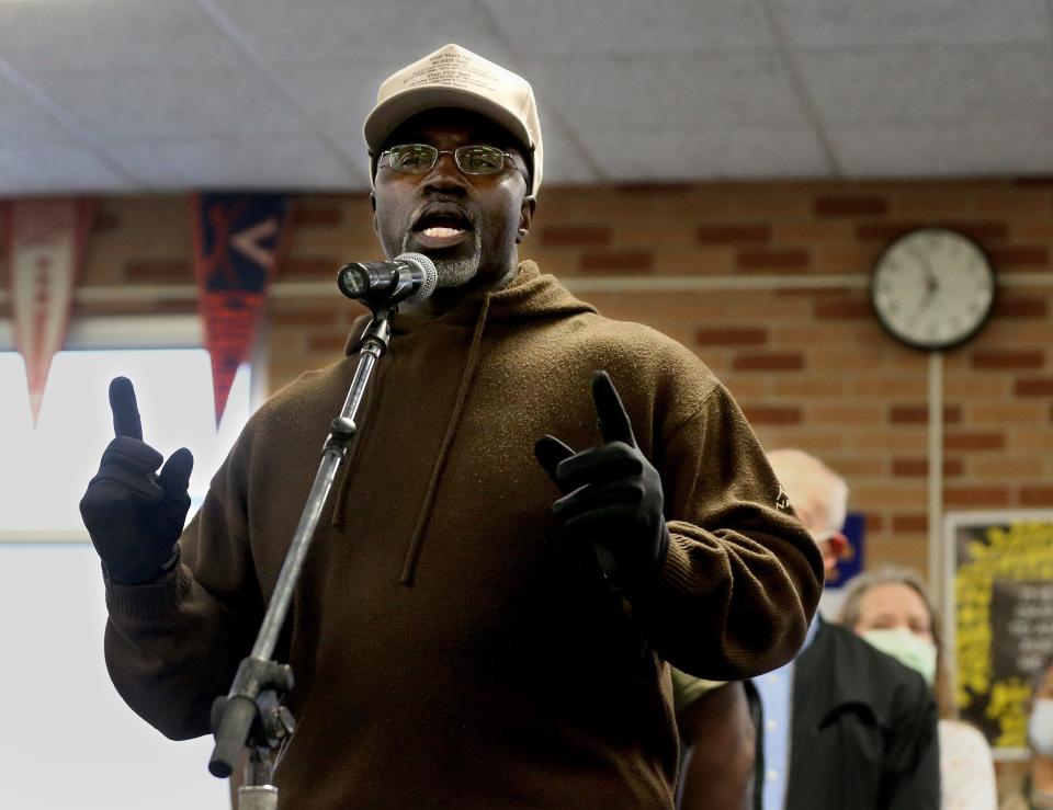 James Johnson of Springfield makes comments and asked questions to the. panel at the Unity Meeting at Southeast High School Wednesday April 13, 2022. [Thomas J. Turney/ The State Journal-Register]