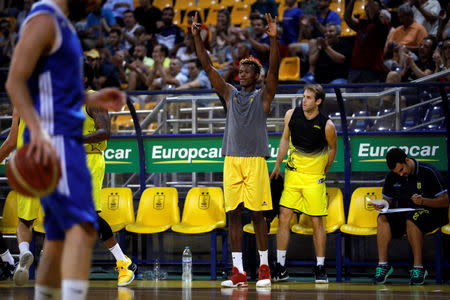 Congolese basketball player Christ Wamba reacts during a friendly game between Aris Thessaloniki BC and Istanbul BB at the Alexandreio Melathron Nick Galis Hall in Thessaloniki, Greece, September 12, 2018. REUTERS/Alkis Konstantinidis