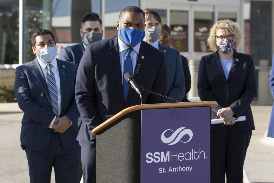 FILE - In this Monday, Feb. 1, 2021 file photo, Oklahoma House Minority Caucus Vice Chair Rep. Monroe Nichols, D-District 72, responds to Gov. Kevin Stitt's State of the State address in front of St. Anthony's Hospital in Oklahoma City. Nichols, a Democrat from Tulsa, said the Black community must focus on boosting voter turnout — Oklahoma overall had the lowest voter turnout in the nation in 2020. “I think the interest is there," he says. “I just think the engagement isn't there yet." (AP Photo/Alonzo Adams)