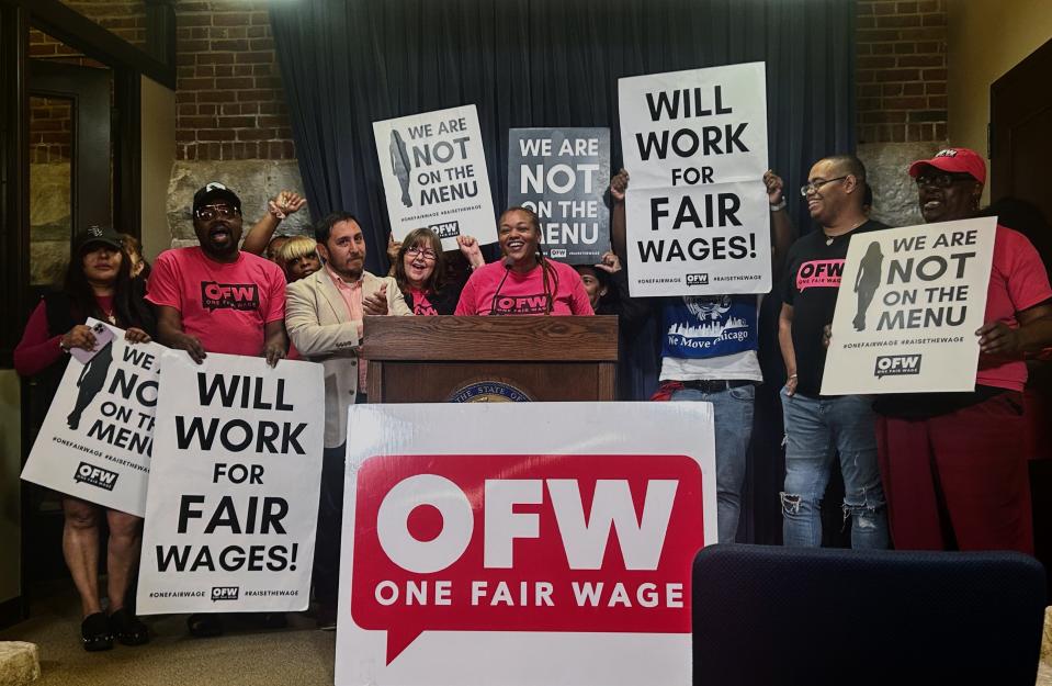 Supporters of a bill ending the subminimum wage for tipped workers rallied at the Illinois State Capitol on Tuesday, May 21, 2024. The bill has stalled in the House, its sponsor saying conversations will resume this summer.