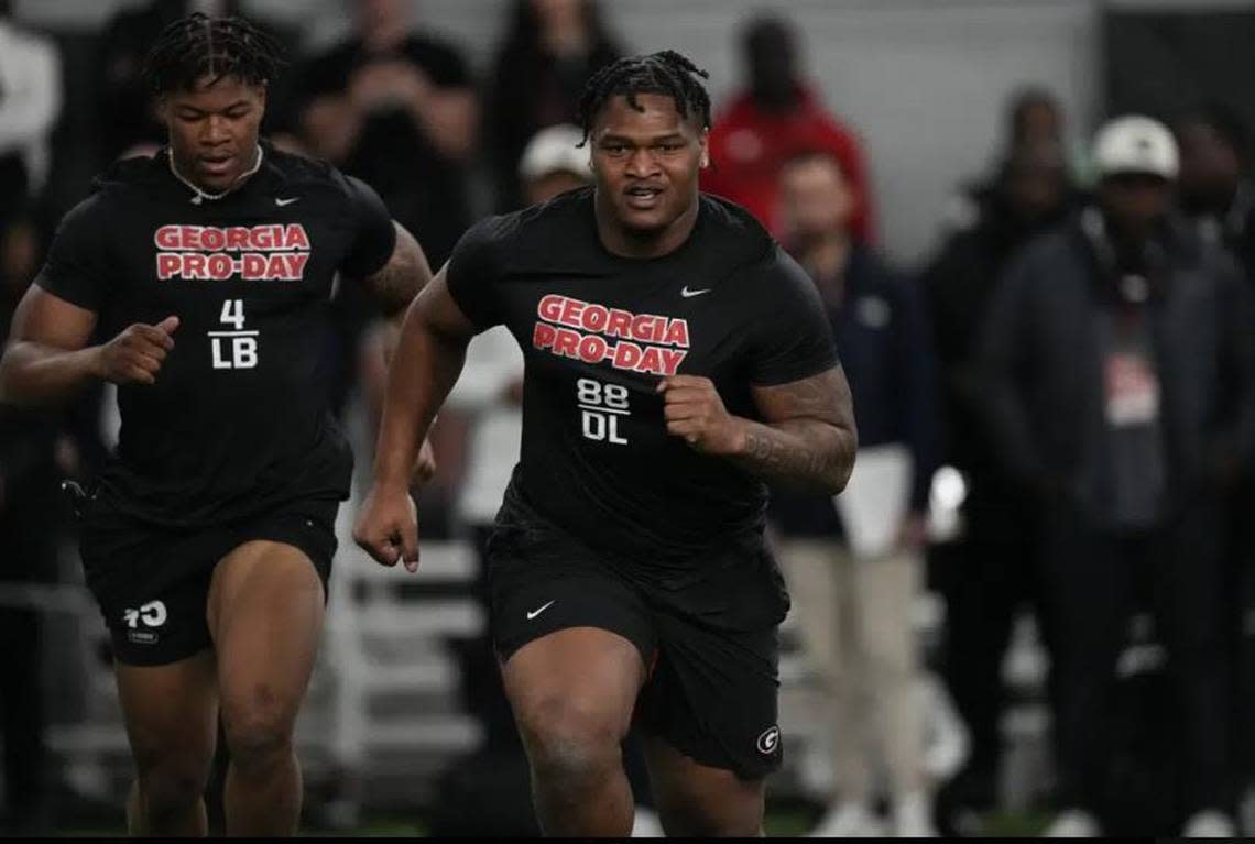 Former University of Georgia defensive lineman Jalen Carter runs drills during his school’s Pro Day, Wednesday, March 15, 2023, in Athens, Georgia.