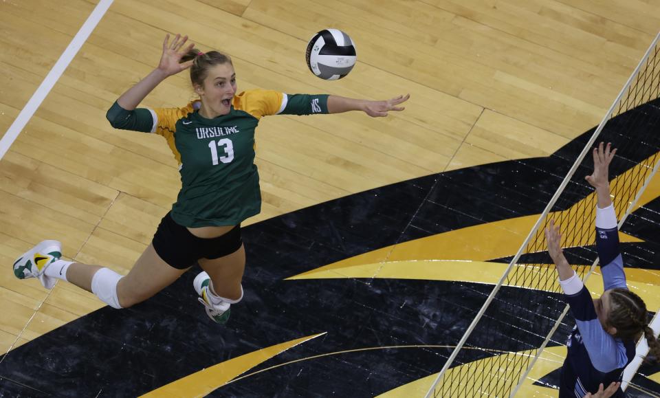 Brooke Bultema, an Ursuline Academy senior, attacks the ball during the Division I championship match Nov. 12, 2022, at Wright State University. Ursuline defeated Magnificat, 3-1, to earn the state title.