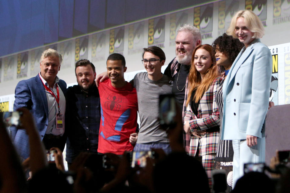 Actors Conleth Hill, John Bradley, Jacob Anderson, Isaac Hempstead Wright, Kristian Nairn, Sophie Turner, Nathalie Emmanuel and Gwendoline Christie at the ‘Game of Thrones’ panel with HBO at San Diego Comic-Con International 2017 at San Diego Convention Center/Getty Images