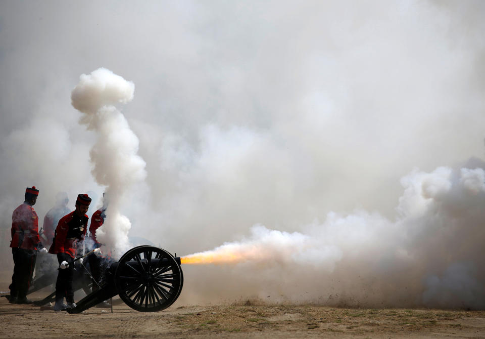 <p>Members of Nepalese army fire a cannon during the rehearsal for the upcoming Army Day celebration at Tundhikhel in Kathmandu, Nepal on Feb. 22, 2017. (Photo: Navesh Chitrakar/Reuters) </p>