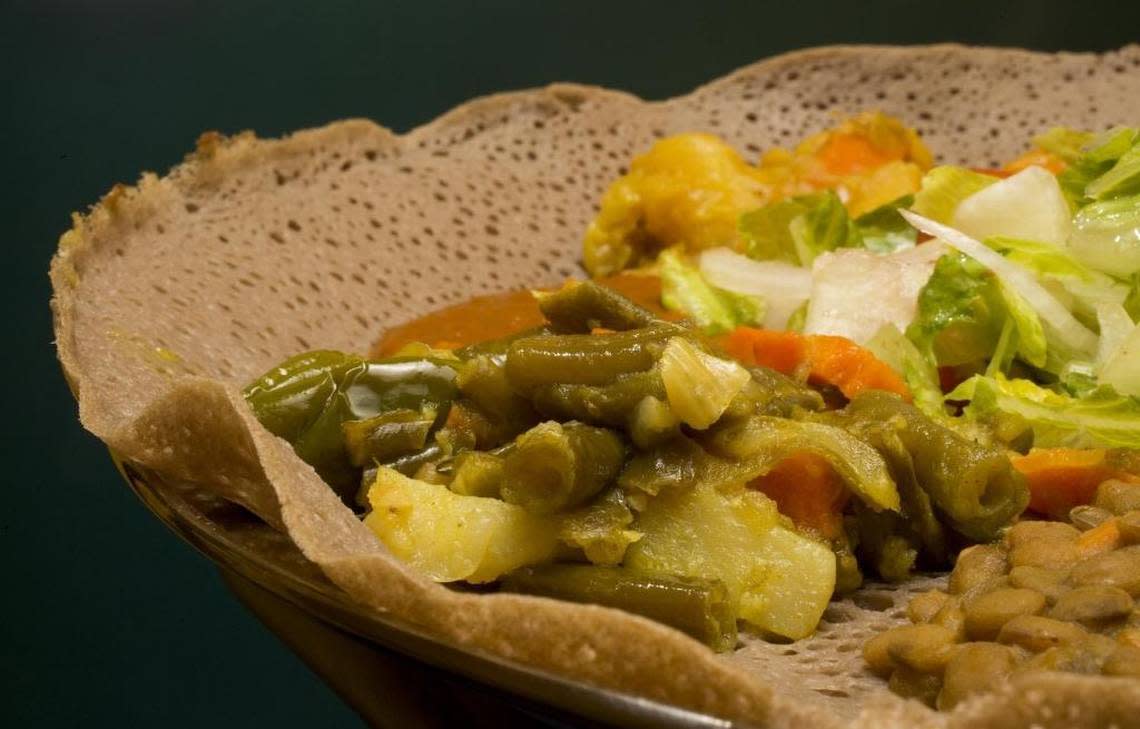 There are many vegetarian dishes available on the menu at Kibrom’s Ethiopian and Eritrean Cuisine in Boise. Large platters lined with injera come with various servings offered on the menu, like the foselia made with green beans, carrots, onion and chili.