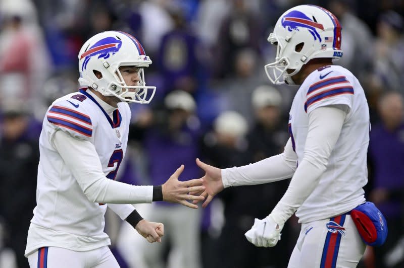 Buffalo Bills kicker Tyler Bass (L) took the blame for missing a field goal late in a playoff loss to the Kansas City Chiefs on Sunday in Orchard Park, N.Y. File Photo by David Tulis/UPI