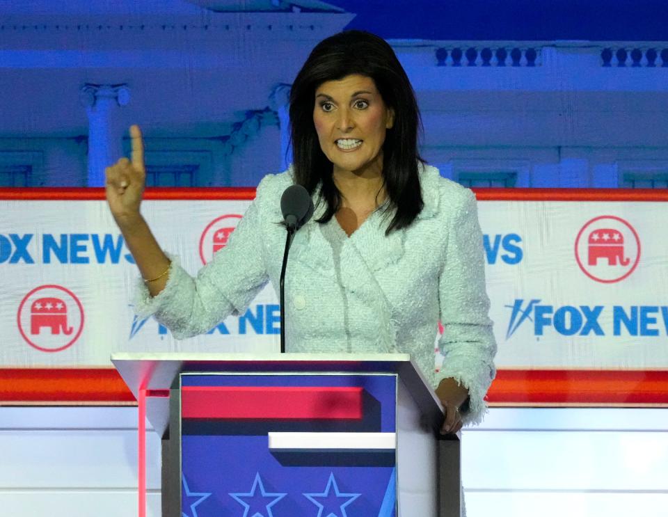 Republican presidential candidate former former U.N. Ambassador Nikki Haley speaks at Fiserv Forum during the first 2023 Republican presidential debate in Milwaukee on Wednesday, Aug. 23, 2023.