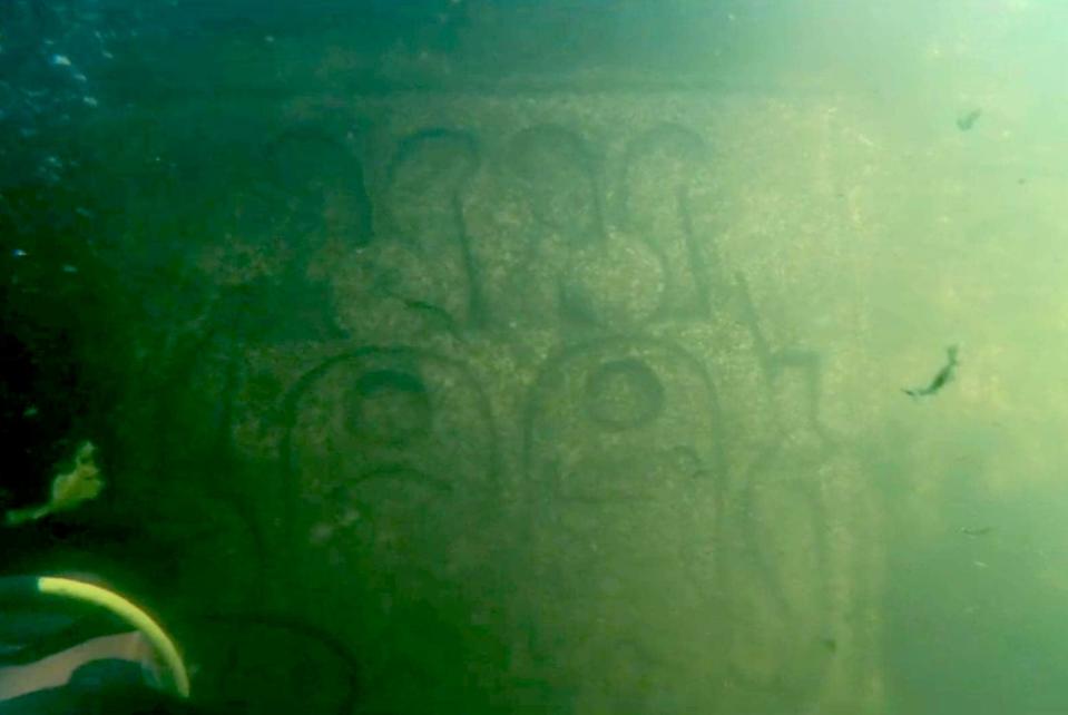An underwater photo showing rock carvings with curved, loopy shapes