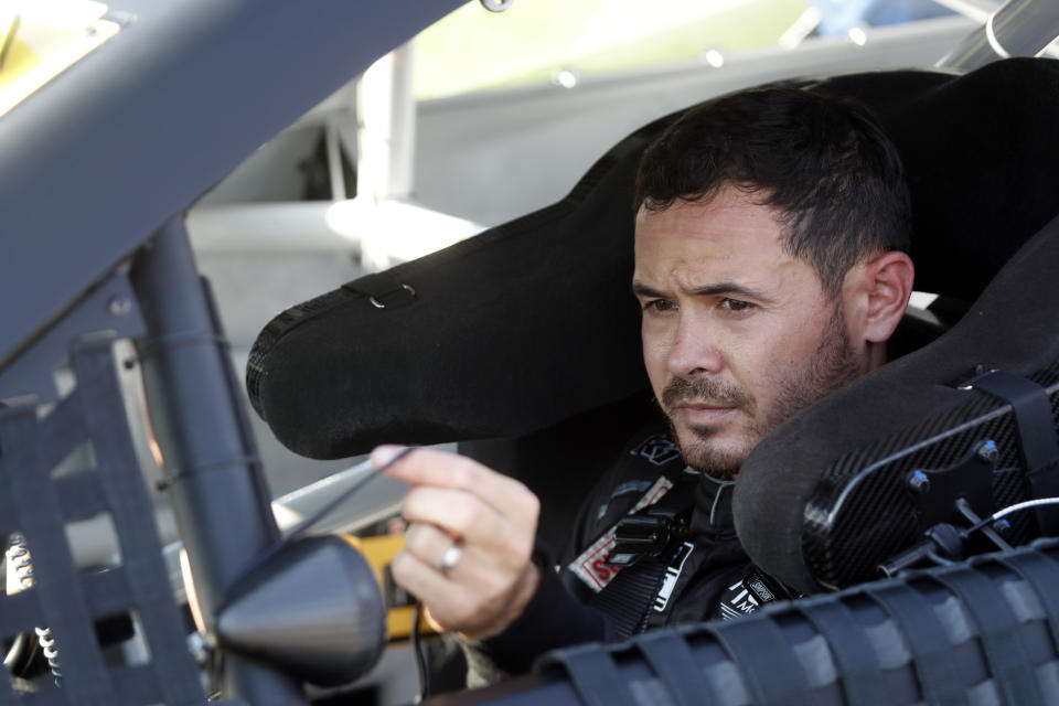 NASCAR Cup Series driver Kyle Larson (5) prepares for a NASCAR Cup Series auto race at the Las Vegas Motor Speedway Sunday, Sept. 26, 2021, in Las Vegas. (AP Photo/Steve Marcus)