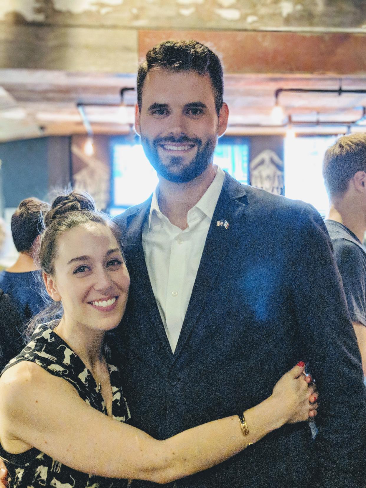 Zach Wahls and fiance Chloe Angyal at the watch party for the state senator primary race Wahls won in June, 2018.