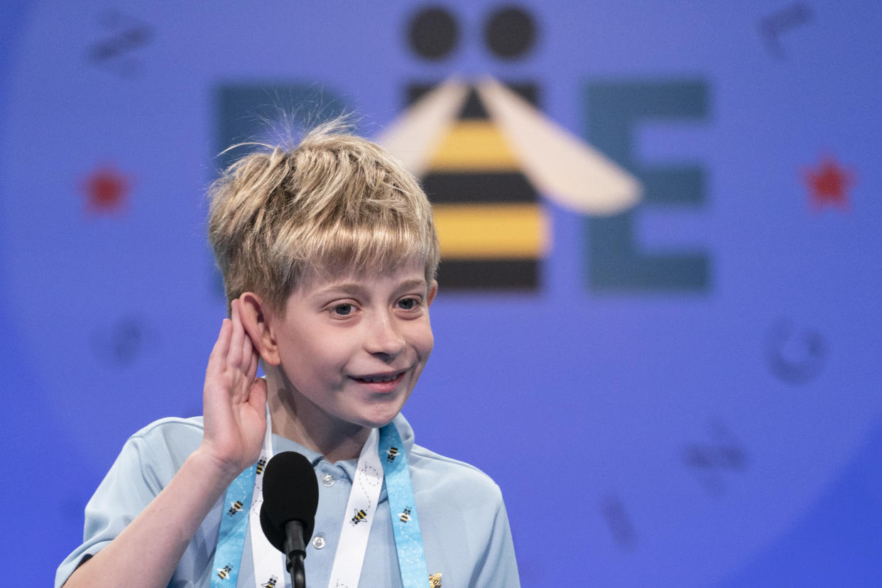 Miles Hubbert, 10, from Centreville, Md., listens to his word during the Scripps National Spelling Bee, Tuesday, May 31, 2022, in Oxon Hill, Md. (AP Photo/Alex Brandon)