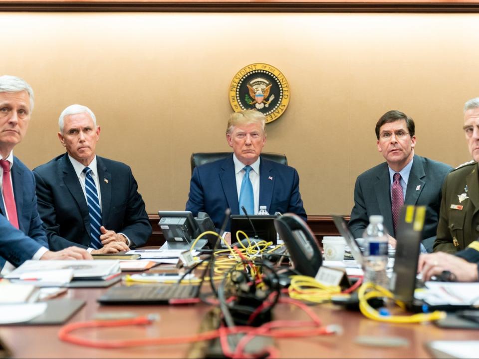 Donald Trump with Mike Pence, Robert O’Brien (far left), Mark Esper, and Mark Milley in October 2019 (Getty Images)