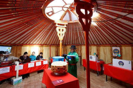 Election officials wait for voters in country's presidential elections at a polling station in Erdensom Country, Tuv Province, Mongolia June 26, 2017. REUTERS/B. Rentsendorj