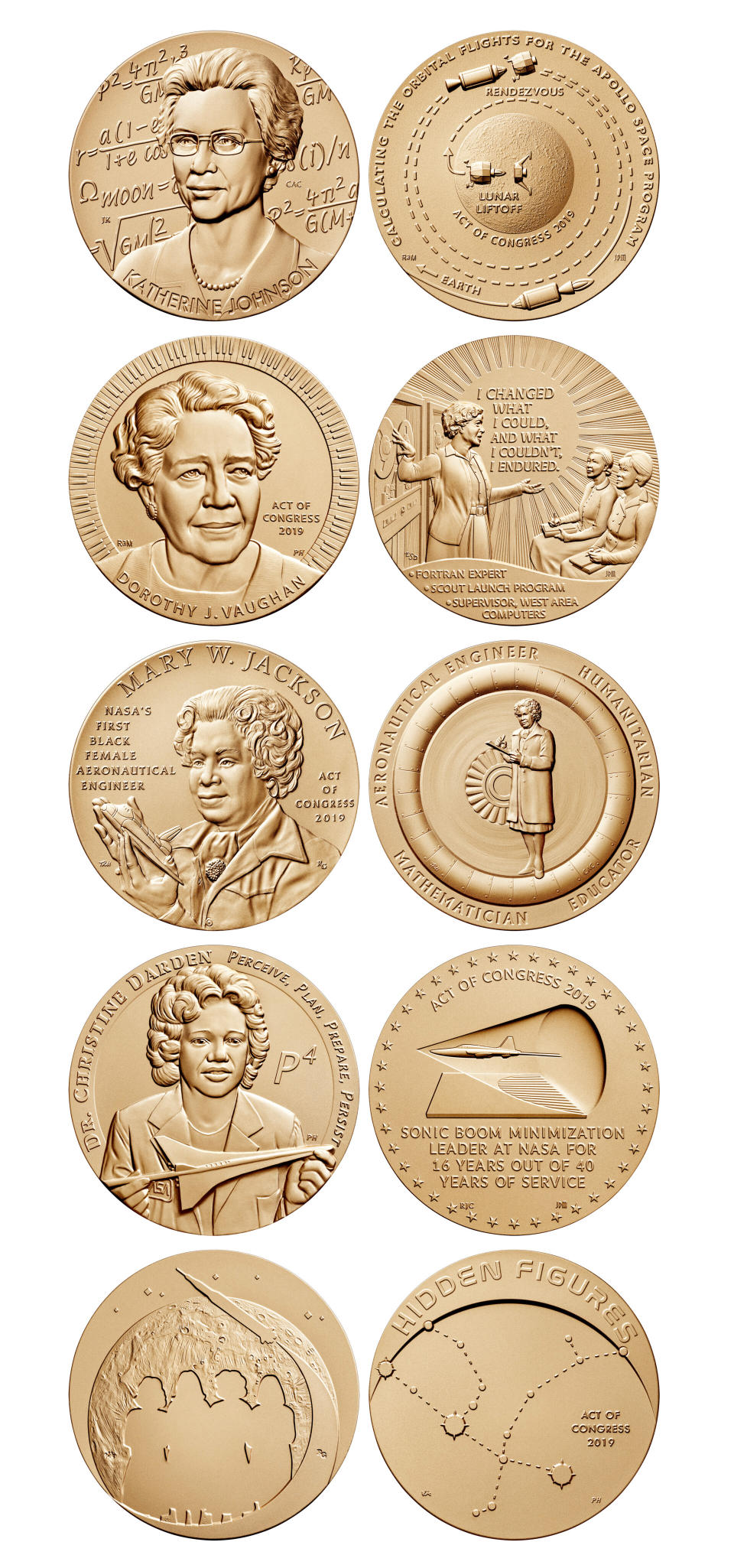 close-up photo of the front and back of five medallions honoring pioneering female NASA mathematicians