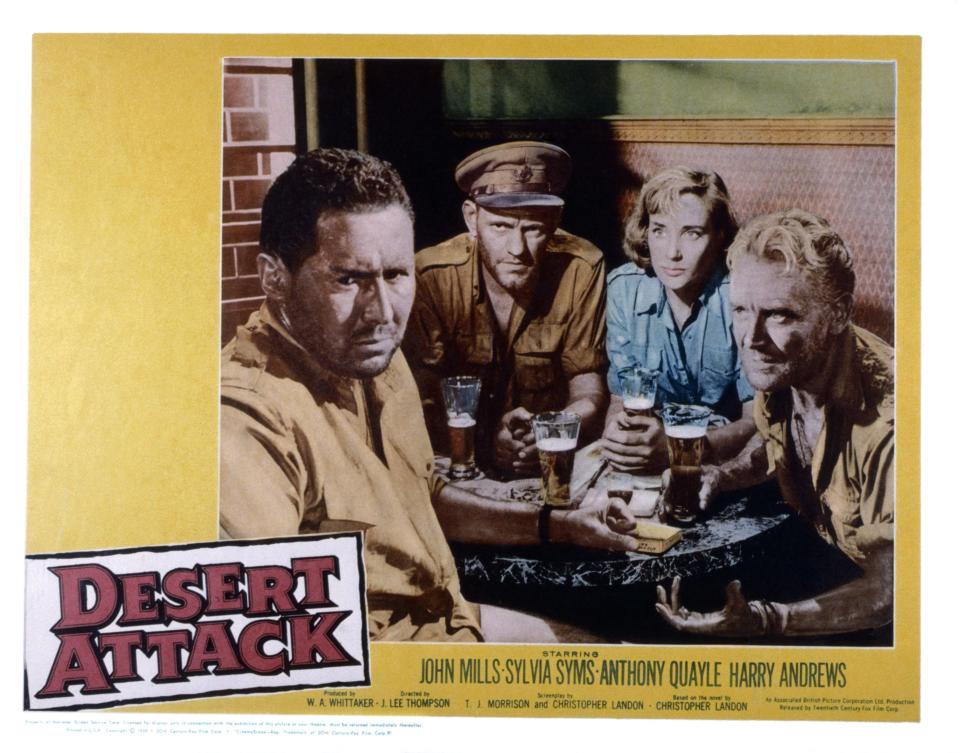 Desert Attack, (aka ICE COLD IN ALEX), US lobbycard, from left: Anthony Quayle, Harry Andrews, Sylvia Syms, John Mills, 1958. (Photo by LMPC via Getty Images)