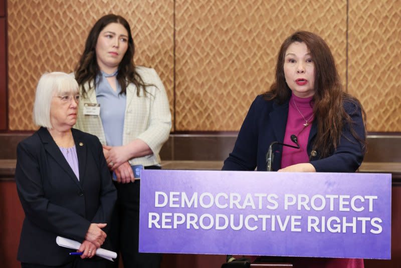 Sen. Tammy Duckworth, D-Ill., speaks to the media during a press conference called by Senate Democrats to highlight reproductive rights issues ahead President Biden's State Of The Union Address Thursday. Duckworth, who used IVF to have two children, has pushed for the passage of a bill to ensure federal protection for IVF access. Photo by Jemal Countess/UPI