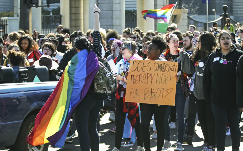 Scores of LGBTQ and allied high school students from across the state of Minnesota march on March 21, 2019 to the State Capitol (Jim Mone / AP file)