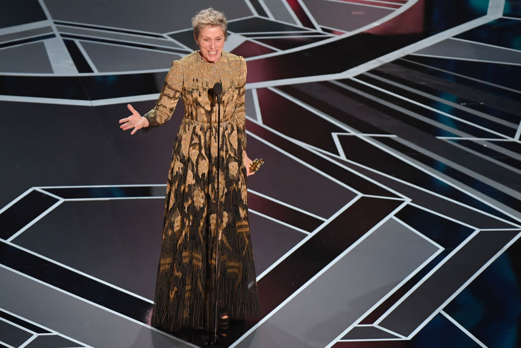 Frances McDormand, at last year’s Academy Awards on March 4, 2018, wins the Oscar for Best Actress in <em>Three Billboards Outside Ebbing, Missouri</em>. (Photo: Mark Ralston/AFP/Getty Images)