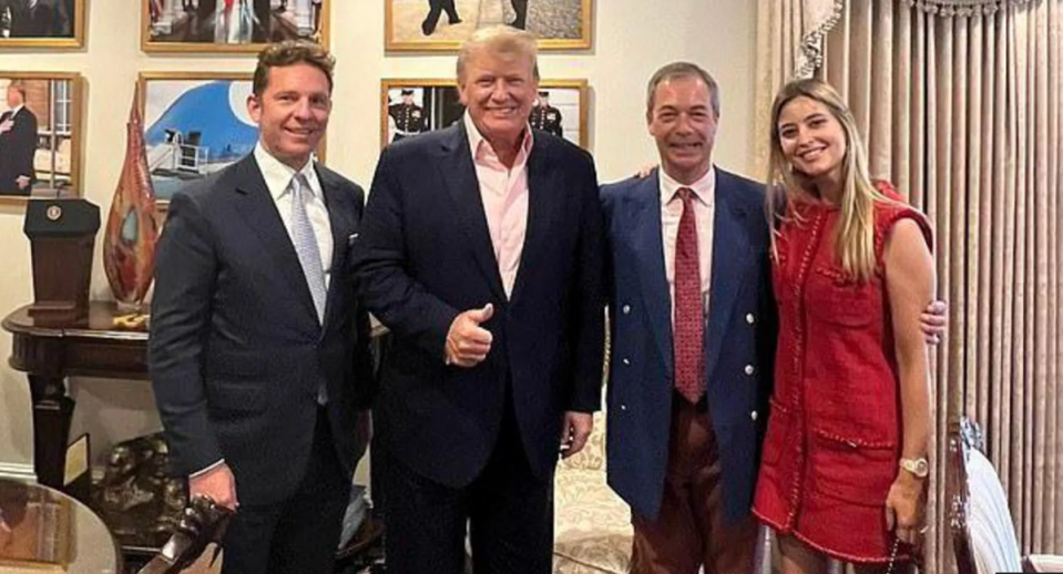 From left, Nick Candy, Donald Trump, Nigel Farage and Holly Valance pose for a photo at the former president's Mar-a-Lago estate.  Valance, a former pop star, just hosted a huge fundraiser for Trump in London.  (Twitter)