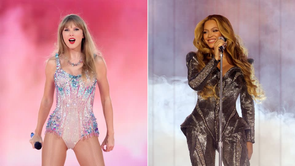 From left: Taylor Swift performs in Santa Clara, California during "The Eras Tour," and Beyoncé on the opening night of her "Renaissance" tour in Stockholm, Sweden. - Jeff Kravitz/Getty Images; Kevin Mazur/Getty Images