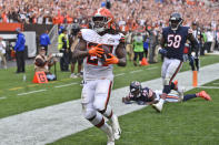 Cleveland Browns running back Kareem Hunt (27) scores a 29-yard touchdown during the second half of an NFL football game against the Chicago Bears, Sunday, Sept. 26, 2021, in Cleveland. (AP Photo/David Richard)