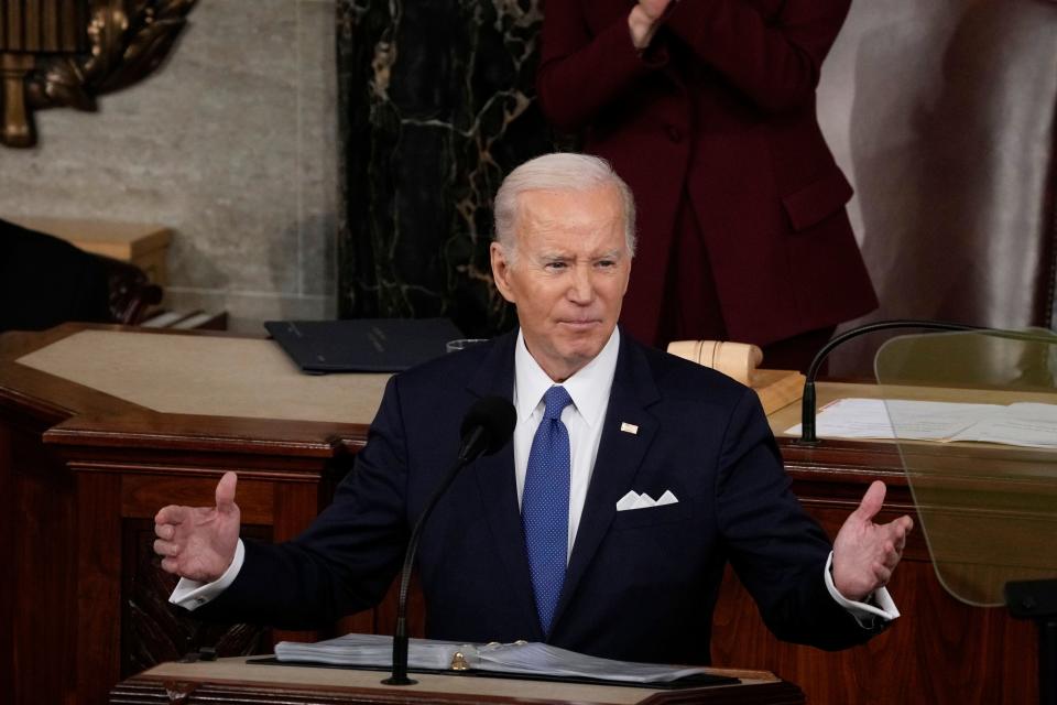 President Joe Biden speaks during the State of the Union address from the House chamber of the United States Capitol in Washington.