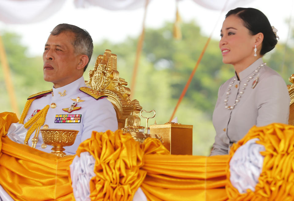 BANGKOK, THAILAND - 2019/05/09: Thailand's King Maha Vajiralongkorn Bodindradebayavarangkun (Rama X) and Queen Suthida watches the annual Royal Ploughing Ceremony in Sanam Luang. The annual royal ploughing ceremony is an ancient rite which officially marks the beginning of the main rice cultivation season in Thailand. (Photo by Chaiwat Subprasom/SOPA Images/LightRocket via Getty Images)