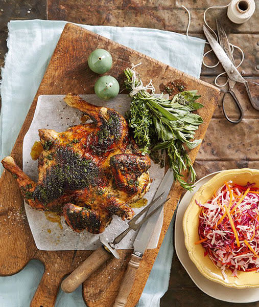 Cook a whole chook on the barbecue – flavoured with smokiness from the grill and fresh summer herbs, it sings of the season. <br><br><a rel="nofollow" href="https://au.lifestyle.yahoo.com/better-homes-gardens/recipes/r/27453079/chargrilled-barbecue-chicken-with-summer-herb-brush/" data-ylk="slk:RECIPE: Chargrilled barbecue chicken with summer herb brush;elm:context_link;itc:0;sec:content-canvas" class="link ">RECIPE: Chargrilled barbecue chicken with summer herb brush</a>