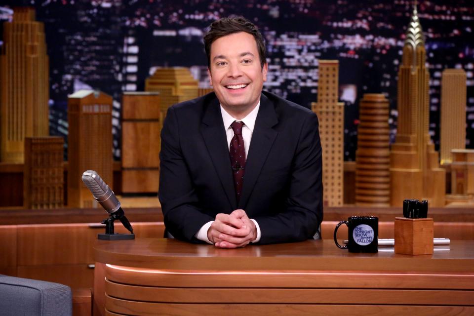 Jimmy Fallon is doing his show from his children's playroom with his wife working the camera (an iPhone).