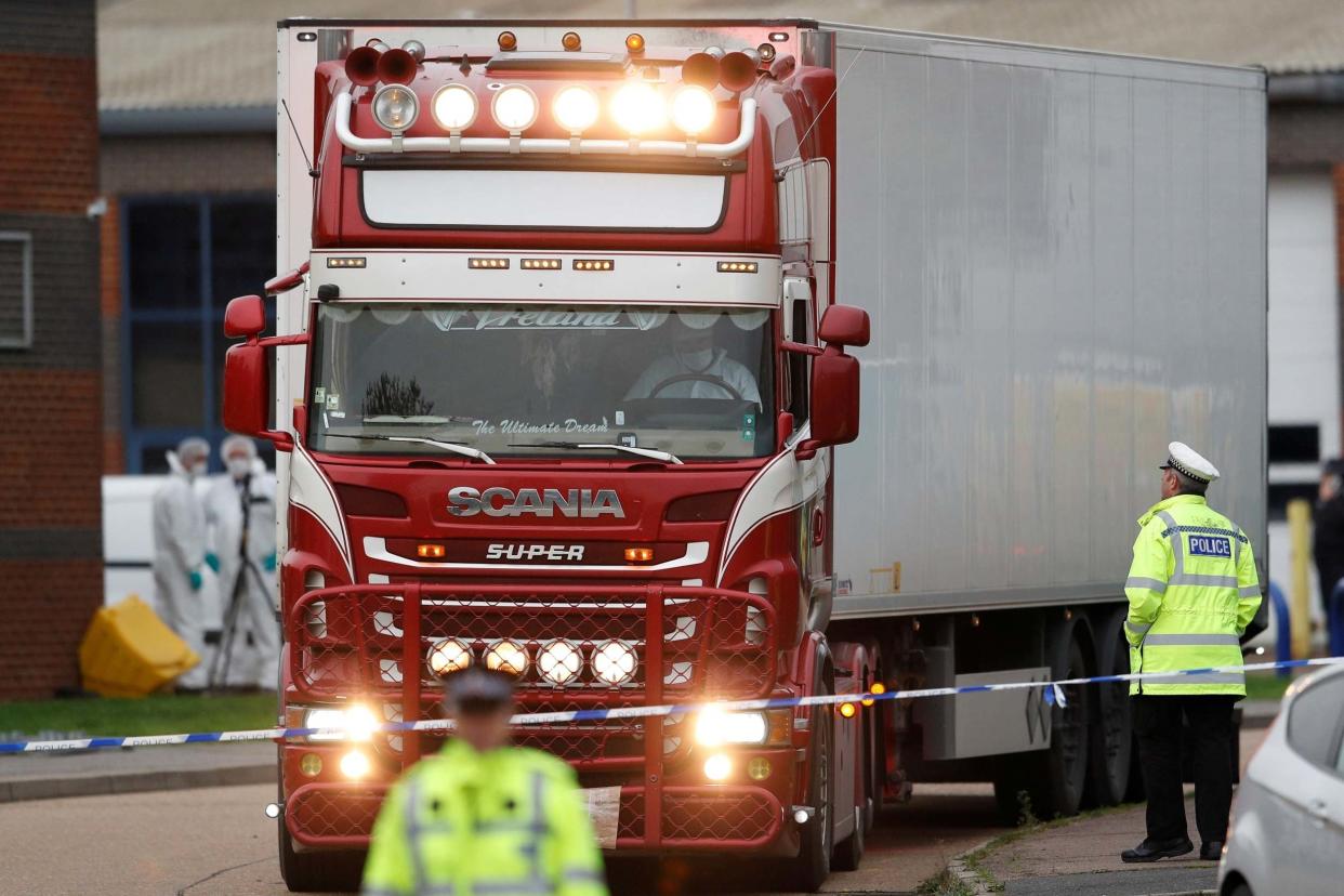 Police move the lorry container where bodies were discovered, in Grays, Essex, Britain October 23, 2019: REUTERS