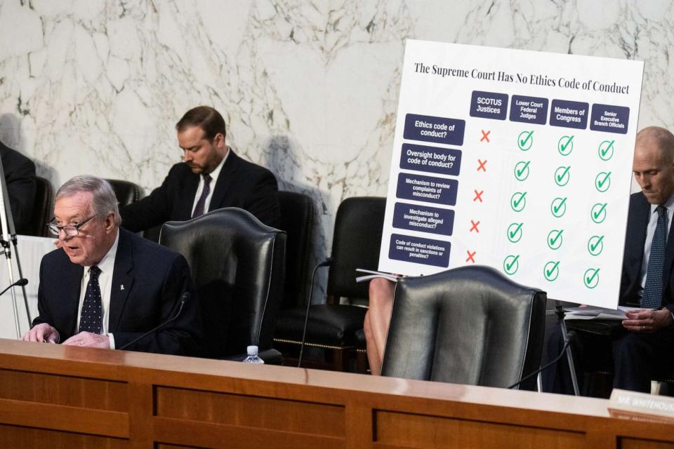 PHOTO: Chairman Sen. Richard Durbin speaks during the Senate Judiciary Committee hearing on Supreme Court Ethics Reform in the Hart Senate Office Building, May 2, 2023. (Bill Clark/CQ-Roll Call via Getty Images, FILE)