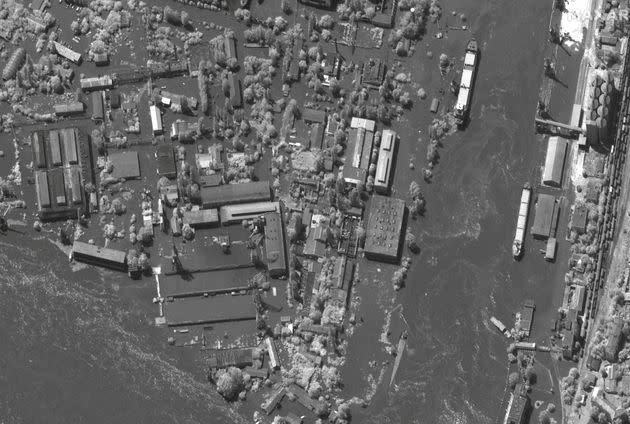 A satellite image shows flooded port facilities and industrial area, in Kherson, Ukraine, June 6, 2023.