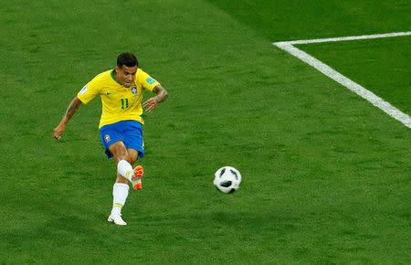 Soccer Football - World Cup - Group E - Brazil vs Switzerland - Rostov Arena, Rostov-on-Don, Russia - June 17, 2018 Brazil's Philippe Coutinho scores their first goal REUTERS/Jason Cairnduff