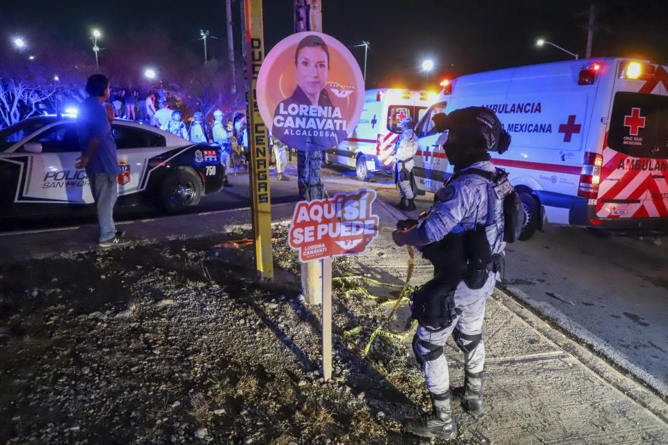 Security forces cordon off the area after a stage collapsed due to a gust of wind during an event attended by presidential candidate Jorge Álvarez Máynez in San Pedro Garza García, on the outskirts of Monterrey, Mexico, Wednesday, May 22, 2024. President Andres Manuel Lopez Obrador confirmed that four people were killed and at least a dozen injured. (AP Photo/Alberto Lopez)