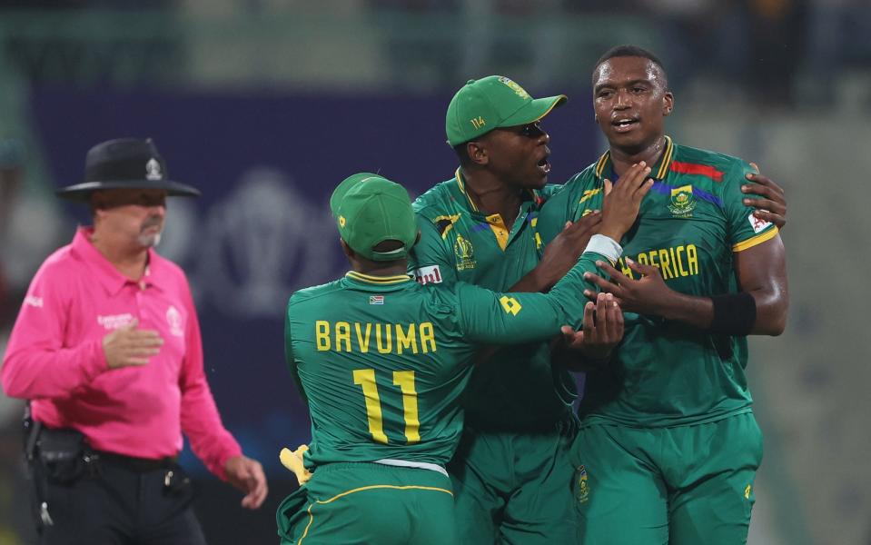 : Lungi Ngidi of South Africa celebrates the wicket of David Warner of Australia