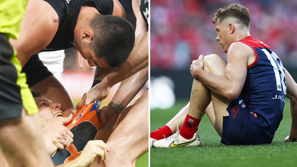 Jacob Weitering and Jake Melksham in action for the Blues and Demons.