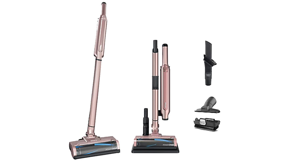 Shark vac shown in full stick mode, storage mode, and with 3 accompanying attachments