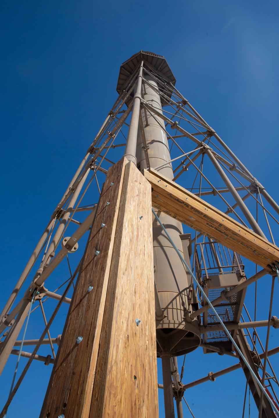 The Sanibel Lighthouse has a new temporary leg after the original was washed away in Hurricane Ian.  