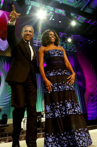 President Barack Obama and first lady Michelle Obama on stage before speaking at the Congressional Black Caucus Foundation’s 45th Annual Legislative Conference Phoenix Awards Dinner at the Walter E. Washington Convention Center in Washington, DC.