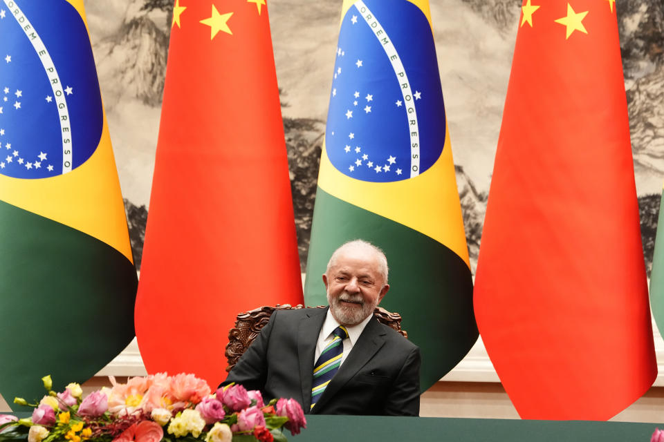 Brazilian President Luiz Inacio Lula da Silva is seen during a signing ceremony with Chinese President Xi Jinping, not pictured, held at the Great Hall of the People in Beijing, China, Friday, April 14, 2023. (Ken Ishii/Pool Photo via AP)
