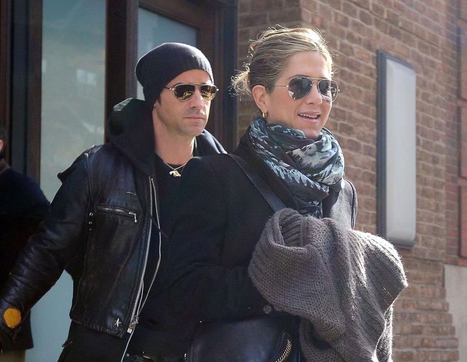 Justin Theroux and Jennifer Aniston are seen on March 10, 2012 in New York City.