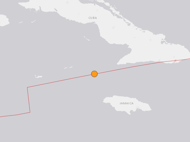 Map showing location of the 7.7 magnitude earthquake that has been felt in Jamaica and Cuba, among other places: US Geological Survey