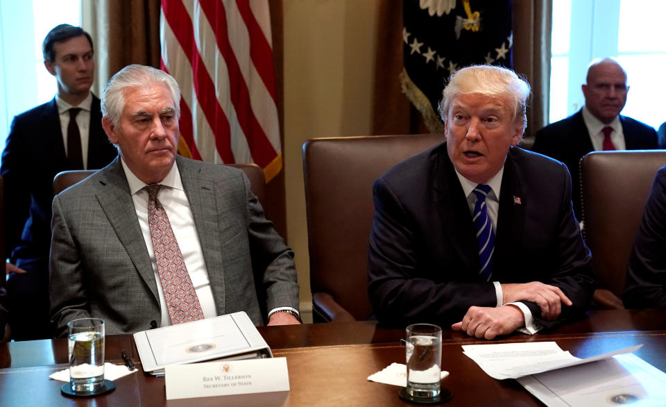 Secretary of State Rex Tillerson listens to President Trump speak during a meeting with his Cabinet at the White House. (Photo: Kevin Lamarque/Reuters)