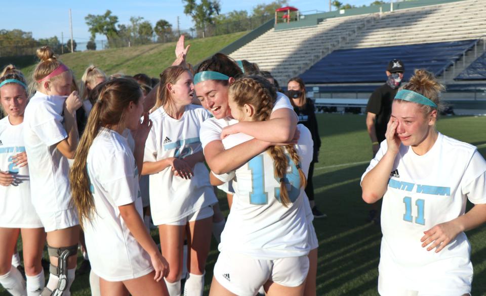 Ponte Vedra players celebrate after winning the Class 6A girls soccer final in 2021 in DeLand. DeLand is scheduled to hold the Class 5A-7A soccer finals next month, while Auburndale is the host for Class 2A through 4A.