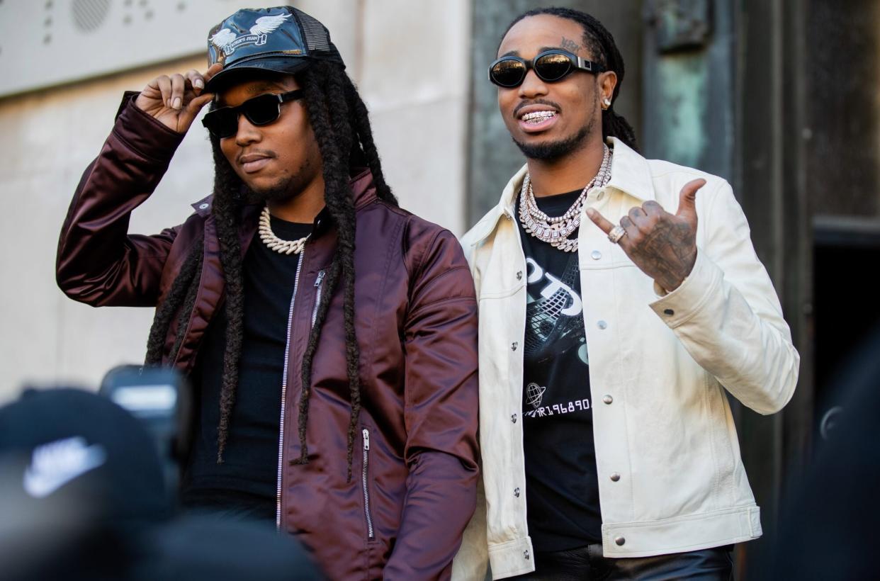 PARIS, FRANCE - JANUARY 16: Takeoff and Quavo of Migos are seen outside Rick Owens during Paris Fashion Week - Menswear F/W 2020-2021 on January 16, 2020 in Paris, France. (Photo by Christian Vierig/Getty Images)