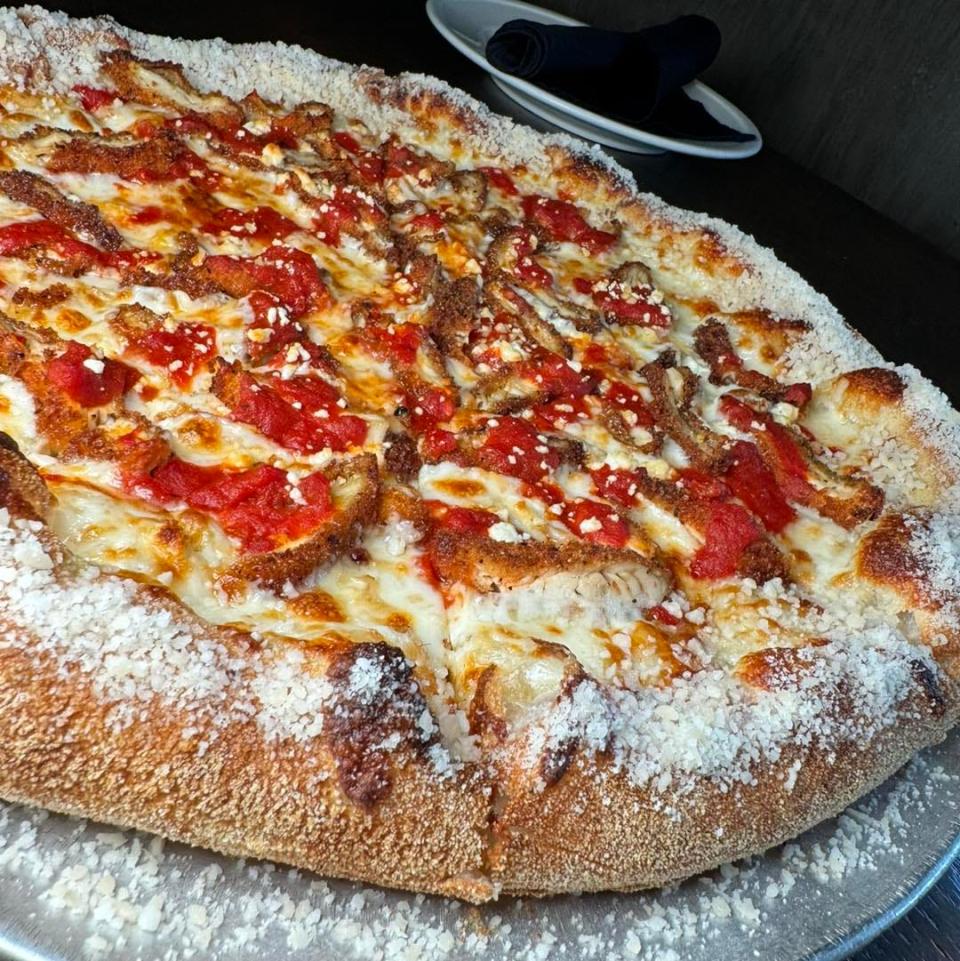 The upside down chicken parmigiana pizza at Baldie’s Craft Pizzeria, 40 Main St., Lakeville.