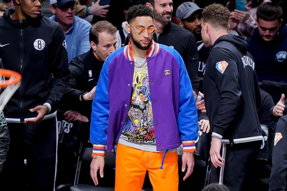 Ben Simmons sitting courtside on April 23, 2022 for a Brooklyn Nets and Boston Celtics basketball game. - Credit: AP