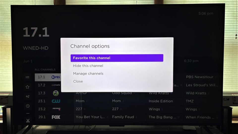 Roku Live TV Favorites menu