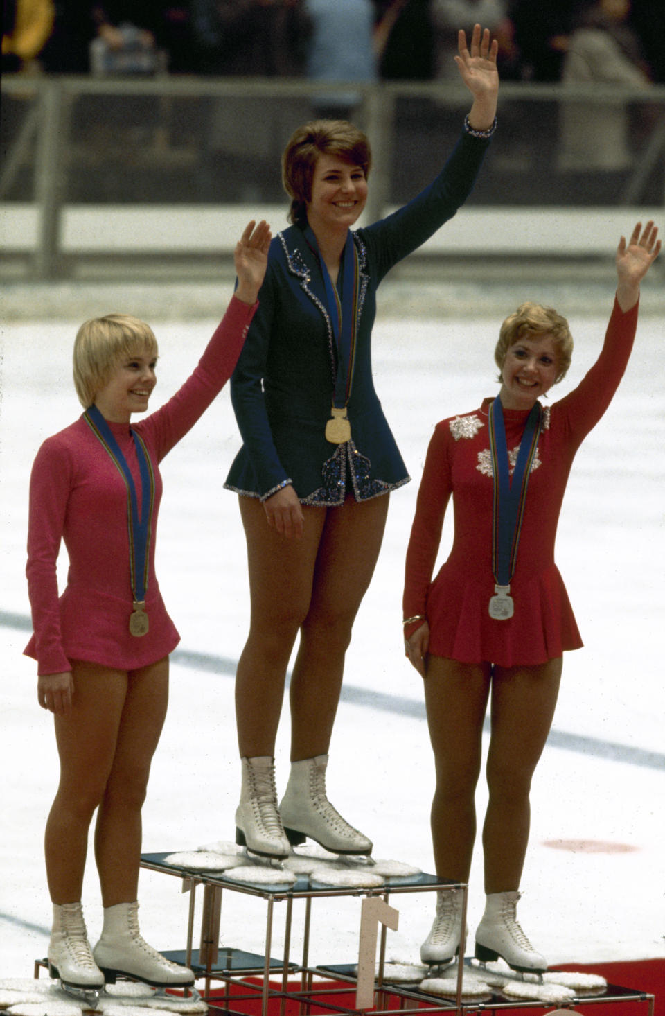 The three medal winners&nbsp;&mdash; Lynn of the U.S., Schuba of Austria, Magnussen of Canada&nbsp;&mdash; in ladies singles&nbsp;figure skating at the Winter Olympics in Sapporo, Japan, Feb. 7, 1972.